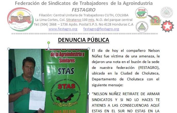 Honduras: Denuncia amenaza al compañero Nelson Nuñez