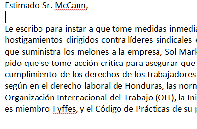 Carta del Centro de Solidaridad a Fyffes