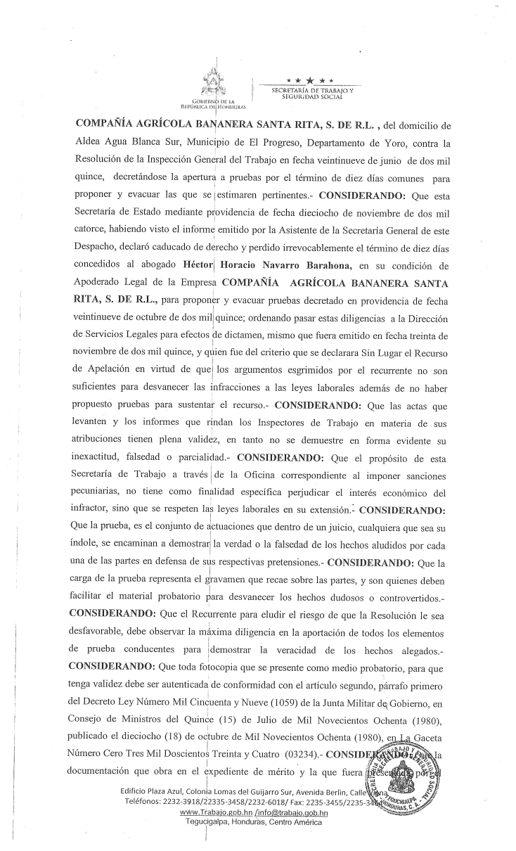 Honduras: Sin lugar, apelación de Finca Santa Rita (Chiquita Brands)