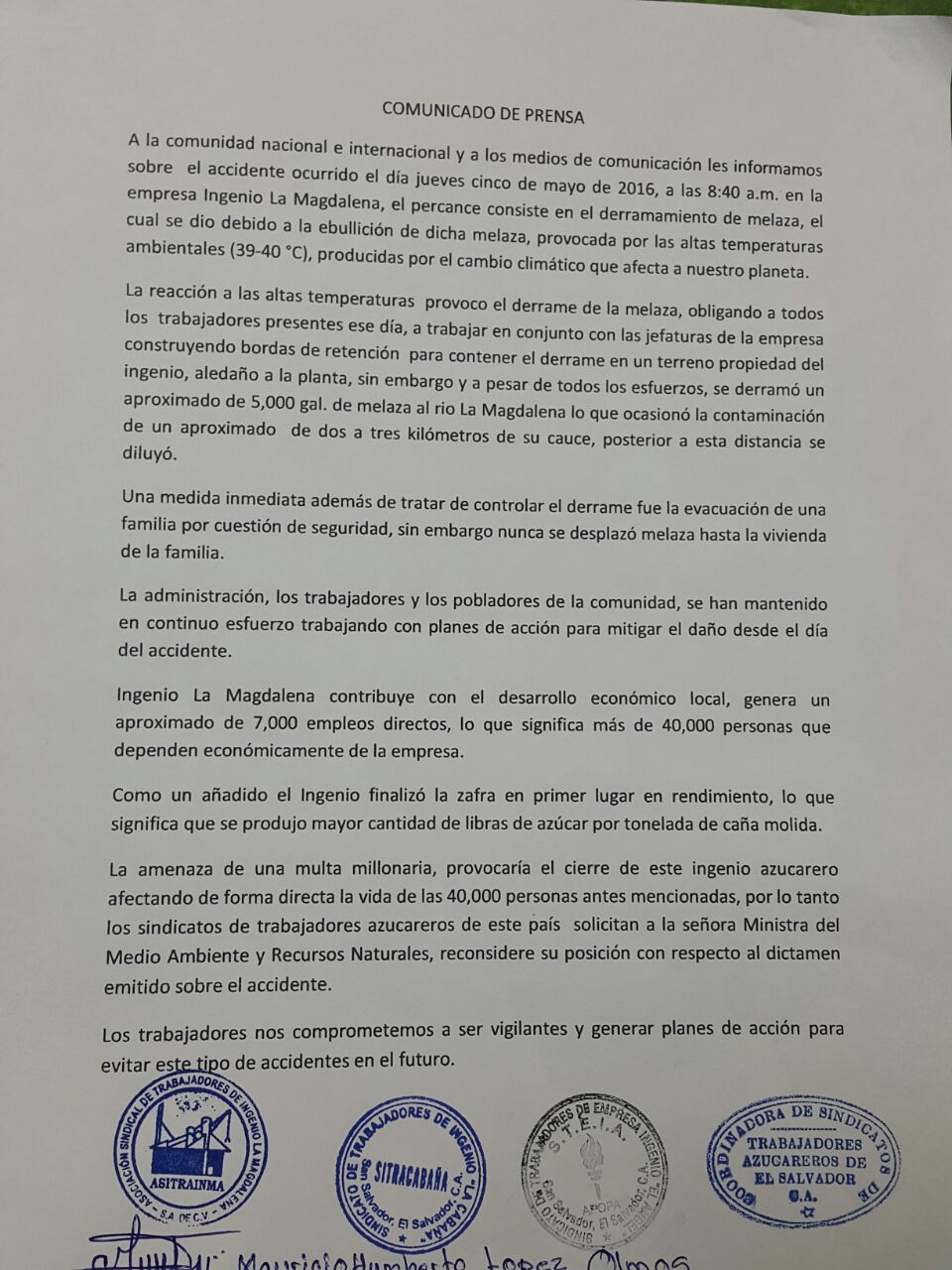 El Salvador: Comunicado de Prensa