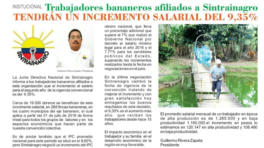 Trabajadores/as bananeras afiliados a SINTRAINAGRO, tendrán un incremento salarial del 9.35%.