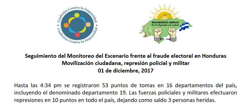 CCI--Seguimiento del Monitoreo del Escenario frente al fraude electoral en Honduras Movilización ciudadana, represión policial y militar 01 de diciembre, 2017