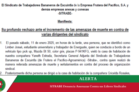 SITRABE Denuncia Escalada de Amenazas Contra sus Líderes Sindicales